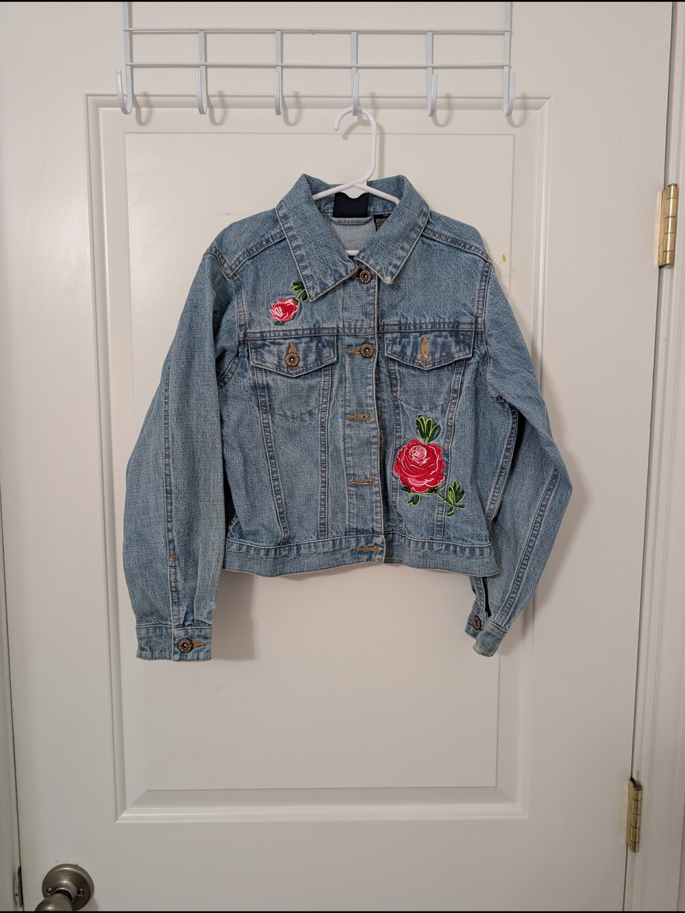 Vintage‎ Route 66 Light Blue Denim Jacket with Red Rose Embroidery Size 7/8